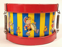 Load image into Gallery viewer, Mid-Century Vintage Children's Tin Drum Set, Musical Toy, Kids' Marching Band