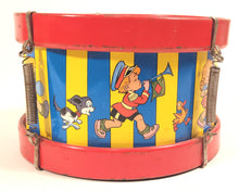 Load image into Gallery viewer, Mid-Century Vintage Children's Tin Drum Set, Musical Toy, Kids' Marching Band