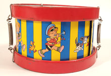 Load image into Gallery viewer, Mid-Century Vintage Children's Tin Drum Set, Musical Toy, Kids' Marching Band