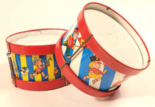 Load image into Gallery viewer, Mid-Century Vintage Children's Tin Drum Set, Musical Toy, Kids' Marching Band
