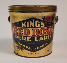 Load image into Gallery viewer, Antique 1920's KING'S RED ROSE LARD TIN, Idaho, Vintage Kitchen, Empty