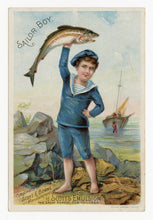Load image into Gallery viewer, Victorian Scott's Emulsion, Quack Medicine Trade Card || Sailor Boy, Fish