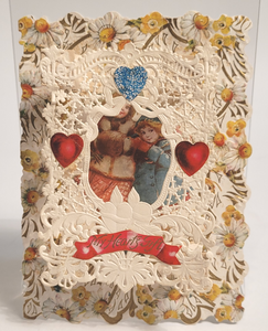 Antique Elaborate Die-Cut "My Heart's Gift," VALENTINE'S DAY CARD, Little Girls with Fur Muffs 