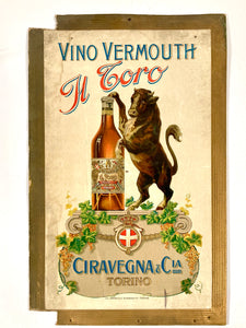 Antique VINO VERMOUTH, Il Toro, Bull Advertising Sign, Ciravegna, Torino