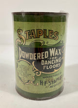 Load image into Gallery viewer, Antique 1910&#39;s STAPLES Powdered Wax for Dancing Floors Tin, Ballroom