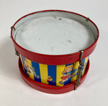 Load image into Gallery viewer, Mid-Century Vintage Children's Tin Drum Set, Musical Toy, Kids' Marching Band & Animals