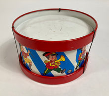 Load image into Gallery viewer, Mid-Century Vintage Children's Tin Drum, Musical Toy, Kids' Marching Band