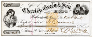November 1869 Antique BANK CHECK, Charles Green & Son, New York || Dealers in Hops - TheBoxSF