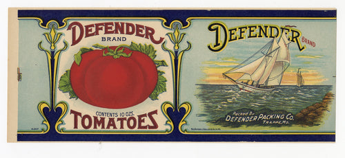 Vintage, Unused DEFENDER Brand Canned Tomato Label, Sail Boat
