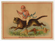Load image into Gallery viewer, Antique Victorian Square Splendid FURNACE TRADE CARD, Jockey Riding Large Cat