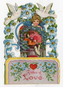 Antique 1920's "A Token of Love" Die-Cut VALENTINE'S DAY CARD, Pop-Out Doily