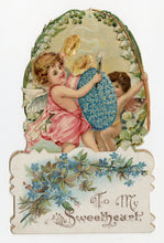 Load image into Gallery viewer, Antique 1900's Die-Cut VALENTINE'S DAY CARD, Cherubs, Drum, Lily of the Valley