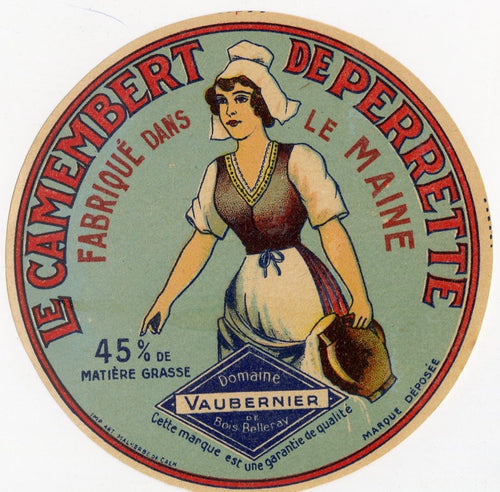 Antique, Unused, French Le Camembert de Perrette Cheese Label, Milk Maid