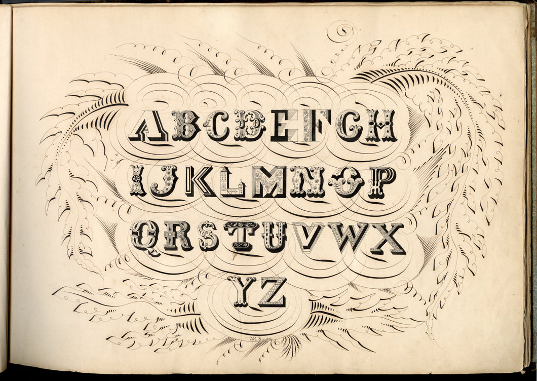 Original 1840's HAND DRAWN French Calligraphic, Penmanship Album with 32 Original Leaves, Bound into a Book