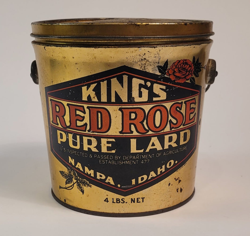 Antique 1920's KING'S RED ROSE LARD TIN, Idaho, Vintage Kitchen, Empty