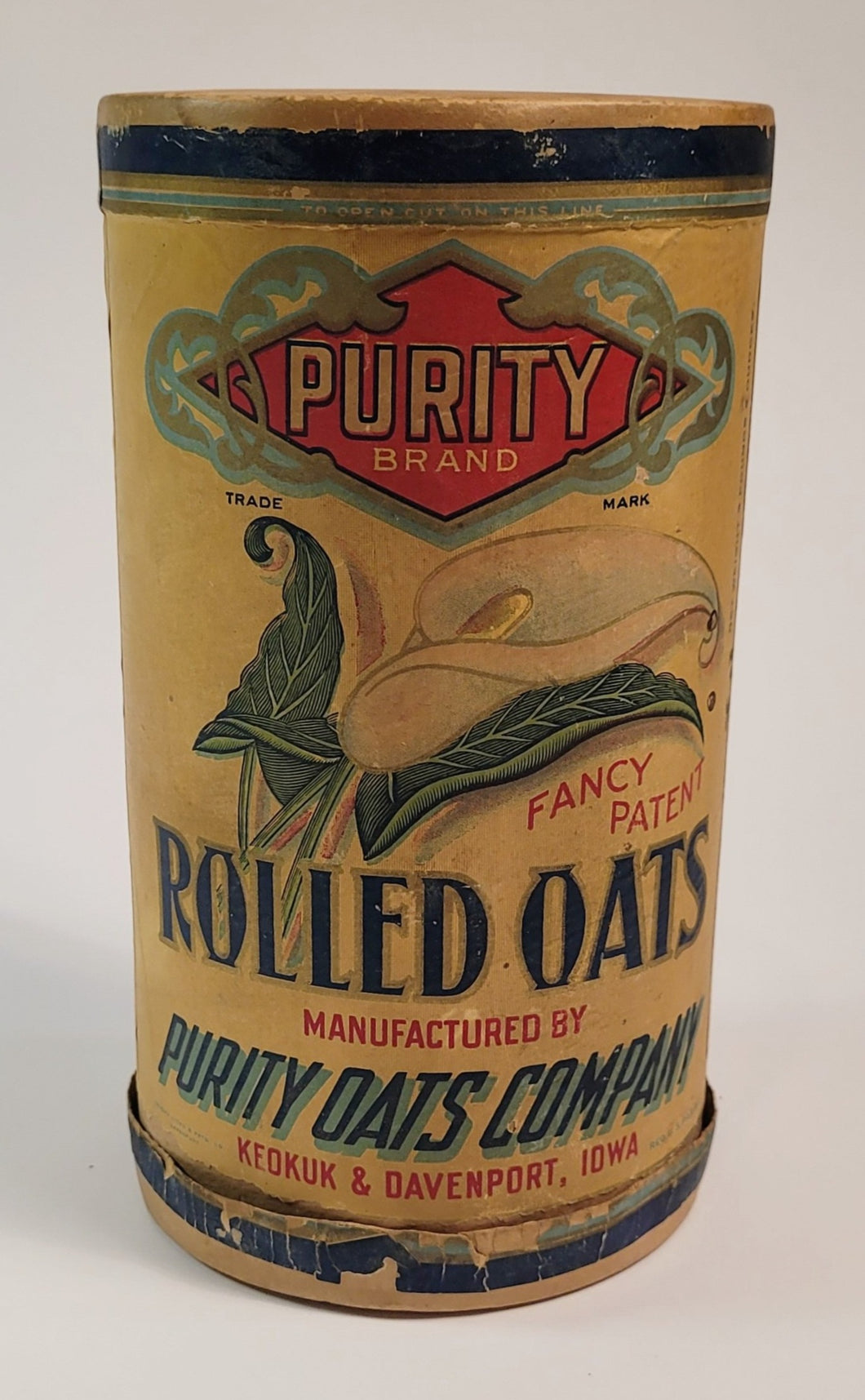 Antique 1910's-1920's ROLLED OATS CANISTER, Purity Brand, Calla Lily
