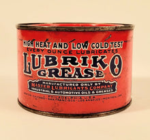 Load image into Gallery viewer, Antique 1920&#39;s-1930&#39;s LUBRIKO Industrial, Automotive Grease Tin, EMPTY