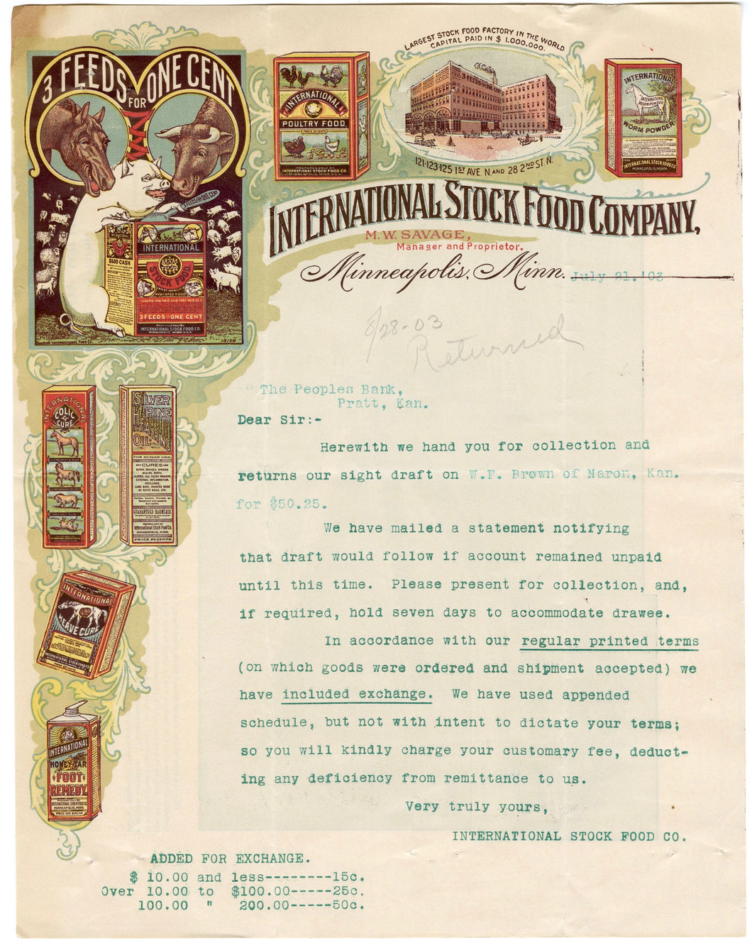 1903 INTERNATIONAL STOCK FOOD CO. LETTERHEAD, Color Document, Animals