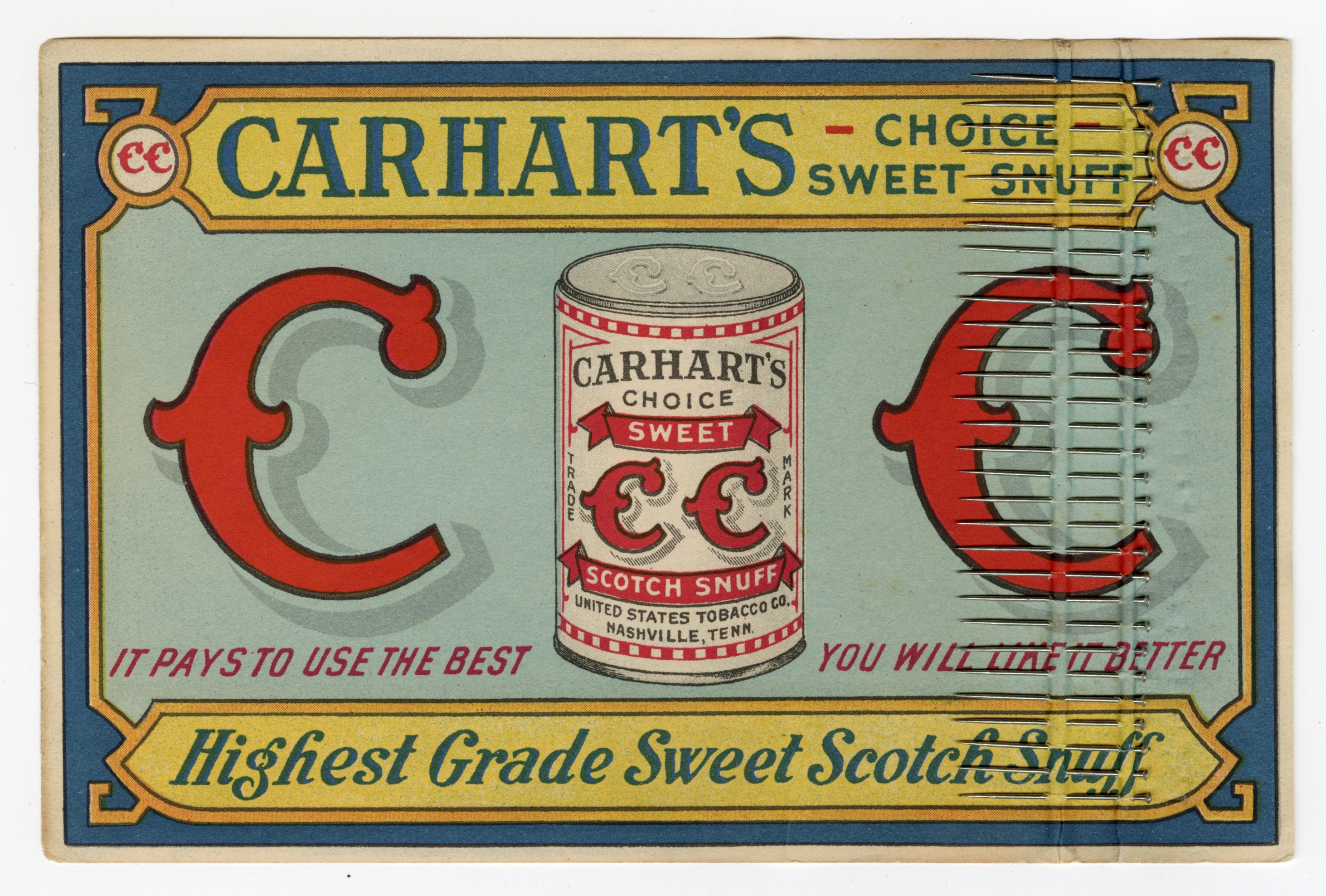 Antique CARHART'S SCOTCH SNUFF Promotional Needle Book Trade Card