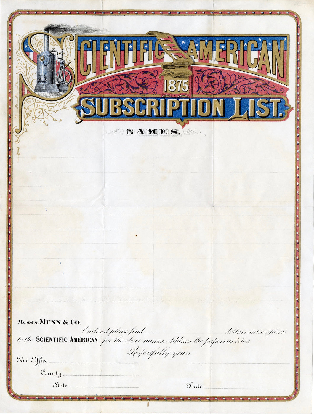 1875 SCIENTIFIC AMERICAN MAGAZINE SUBSCRIPTION LIST, Blank Letterhead