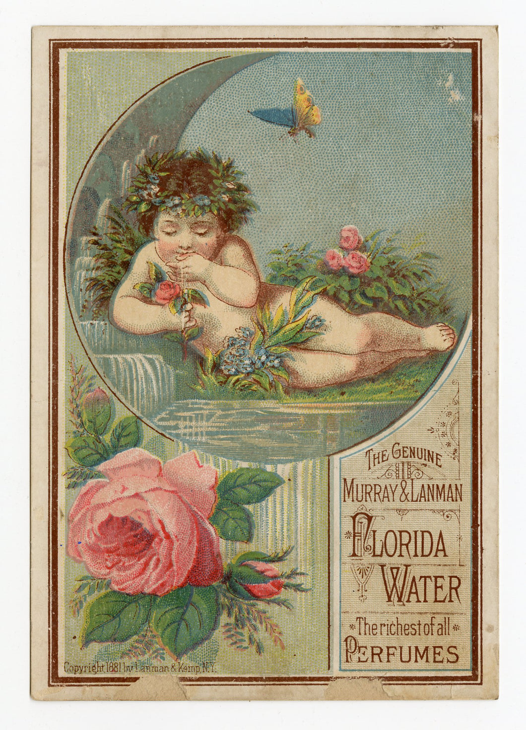 Victorian Murray & Lanman Florida Water Perfume Trade Card || Cherub, Rose
