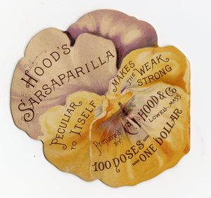 Antique Victorian Die-Cut HOOD'S SARSAPARILLA Trade Card. Quack Medicine, Pansy 
