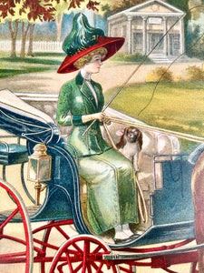 Antique 1910's AN AUTUMN DRIVE Lithograph, Print, Gibson Girl, Carriage