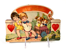 Load image into Gallery viewer, Antique 1920&#39;s MECHANICAL VALENTINE || Children Pulling Cart with Dog and Cat