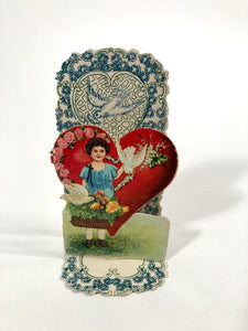Antique Fold-Out Three Dimensional 1920's VALENTINE || Little Girl, Doves and Basket of Flowers