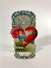 Load image into Gallery viewer, Antique Fold-Out Three Dimensional 1920&#39;s VALENTINE || Little Girl, Doves and Basket of Flowers