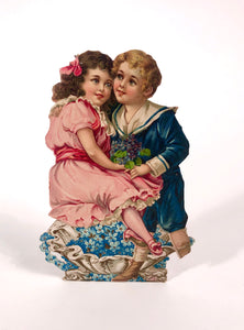 Antique Embossed Stand-Up VALENTINE || Boy and Girl Atop Clamshell