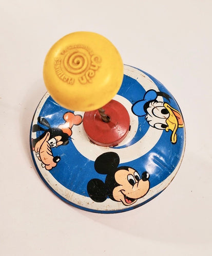 1973 Tin DISNEY SPINNING TOP, Mickey Mouse, Donald Duck, Goofy, Pluto