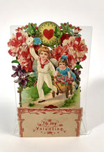 Load image into Gallery viewer, Antique POPUP 1920&#39;s VALENTINE, Little Boy and Girl Pulling a Cart || &quot;To my Valentine&quot;