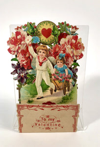 Antique POPUP 1920's VALENTINE, Little Boy and Girl Pulling a Cart || "To my Valentine"