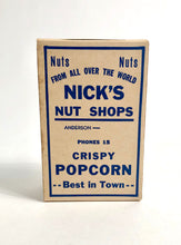 Load image into Gallery viewer, Antique Nick&#39;s Nut Shops Crispy Buttered Popcorn Box, Unused Food Package