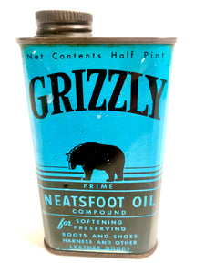 1930's-1940's Grizzly Neatsfoot Leather Oil Tin Can, Package || Bear Logo