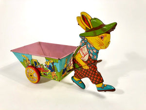 Vintage Easter Rabbit Tin Toy Cart || Painted Easter Egg Hunt, Bunnies, Ducks