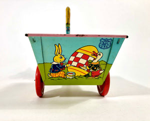 Vintage Easter Rabbit Tin Toy Cart || Painted Easter Egg Hunt, Bunnies, Ducks