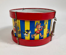 Load image into Gallery viewer, Mid-Century Vintage Children&#39;s Tin Drum Set, Musical Toy, Kids&#39; Marching Band &amp; Animals