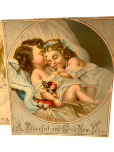 Two Victorian CHRISTMAS CARDS || Children Sleeping, Kissing