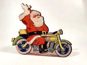 CHRISTMAS Die-cut Stand-up SANTA and Sleigh Advertising Display, Holder, Santa on a Motorcycle