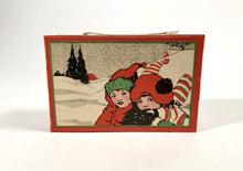 Load image into Gallery viewer, Art Deco Era &quot;Merry Xmas&quot; BISCUIT BOX with String Handle || CHRISTMAS, Holiday Design, Sledding, Snow