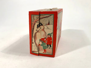 Art Deco Era "Merry Xmas" BISCUIT BOX with String Handle || CHRISTMAS, Holiday Design, Sledding, Snow