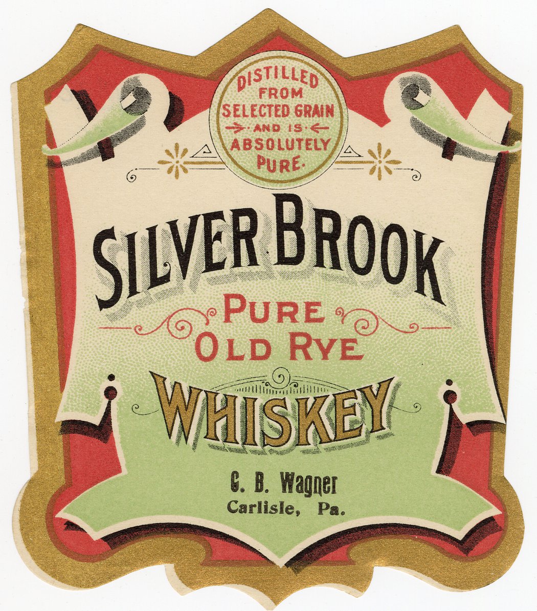 Set of Two SILVER BROOK Pure Old Rye WHISKEY Labels, C.B. Wagner, Alcohol, Vintage - TheBoxSF