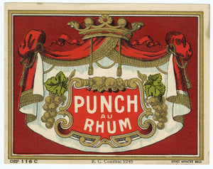 Antique, Unused, French PUNCH AU RHUM Label, Caribbean, Tiki, Rum