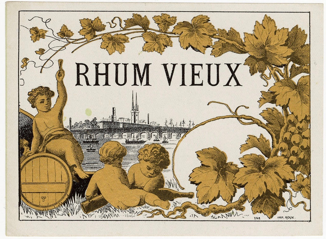 Antique, Unused RHUM VIEUX LABEL, Cherubs, Caribbean, Tiki, Rum