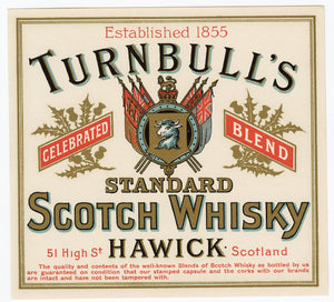 RARE Old TURNBULL'S Standard SCOTCH WHISKY Label, Hawick, Alcohol, Vintage - TheBoxSF
