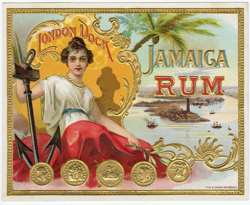Antique, Unused, London Dock JAMAICA RUM LABEL, Caribbean, Tiki, Goddess
