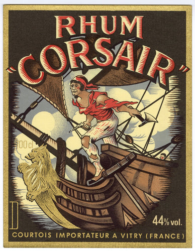 Antique, Unused, French RHUM CORSAIR, Rum LABEL, Female Pirate, Tiki