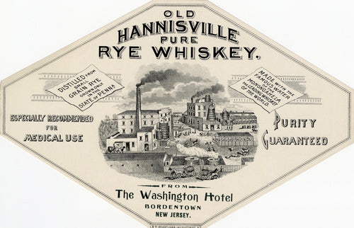 OLD HANNISVILLE Pure RYE WHISKEY Label || Washington Hotel, Bordertown, New Jersey, VintageOLD HANNISVILLE Pure RYE WHISKEY Label || Washington Hotel, Bordertown, New Jersey, Vintage